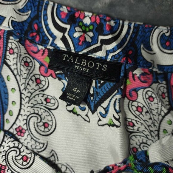 Talbots Womens 4P Multicolor Abstract Silk Long Sleeve Blouse Vibrant Funky - Picture 2 of 8